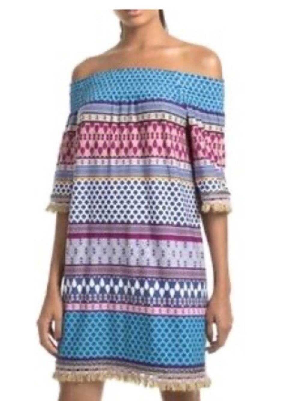 Trina Turk XS Dress Emilia Fringe Off Shoulder midi bright color resort Beachy